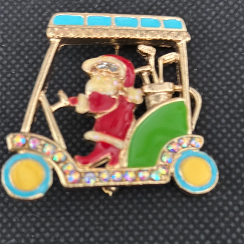 Otc Santa Golf Cart Brooch. Great Gift With Rhinestone & Green Enamel Trim.